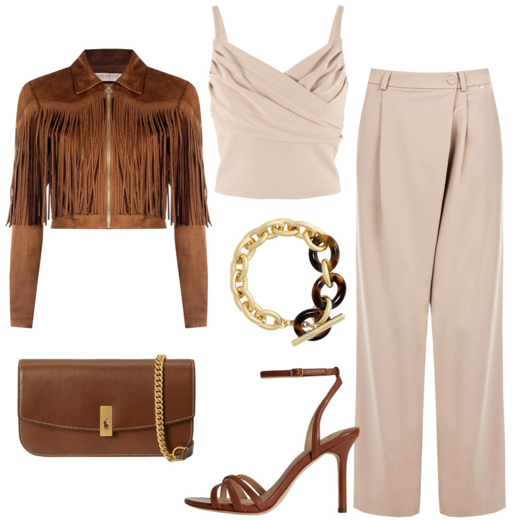 Outfit donna - L\'invitata perfetta. Stile Chic per Cerimonia. Abbinamento con pantaloni a palazzo, canottiere, giacche, clutch, sandali in pelle, braccialetti.