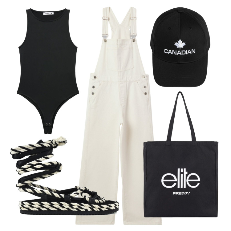 Outfit donna - Total look #2403822. Stile Urban per Tutti i giorni. Abbinamento con salopette, top, shopping bag, berretti, sandali.