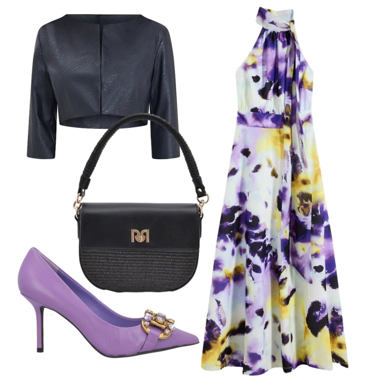 Outfit donna - Scollo all’americana. Stile Chic per Cerimonia. Abbinamento con décolleté, vestiti lunghi, bolero, borse a spalla.
