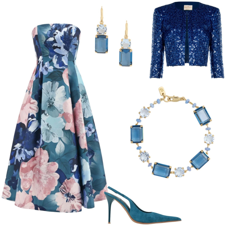 Outfit donna - L\'invitata perfetta. Stile Glamour per Cerimonia. Abbinamento con décolleté, vestiti midi/longuette, bolero, braccialetti, orecchini.