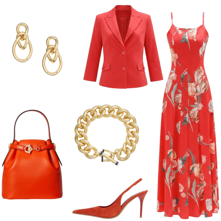 Outfit donna - L\'invitata perfetta. Stile Chic per Cerimonia. Abbinamento con décolleté, vestiti lunghi, blazer, borse a secchiello, orecchini, braccialetti.