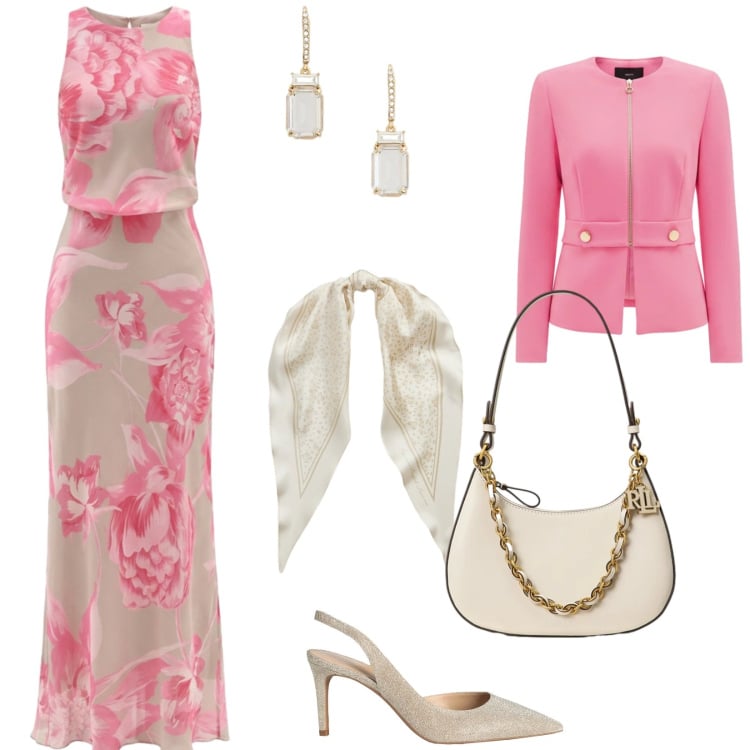 Outfit donna - L\'invitata perfetta. Stile Chic per Cerimonia. Abbinamento con décolleté, vestiti lunghi, blazer, foulard, borse a spalla, orecchini.