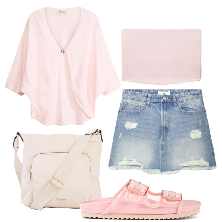 Outfit donna - Total look #2403833. Stile Casual per Tutti i giorni. Abbinamento con cardigans, borse a tracolla, minigonne, top, sandali.