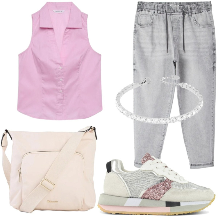 Outfit donna - Casual ufficio. Stile Casual per Ufficio. Abbinamento con borse a tracolla, jeans, camicie a manica corta, braccialetti, sneakers.