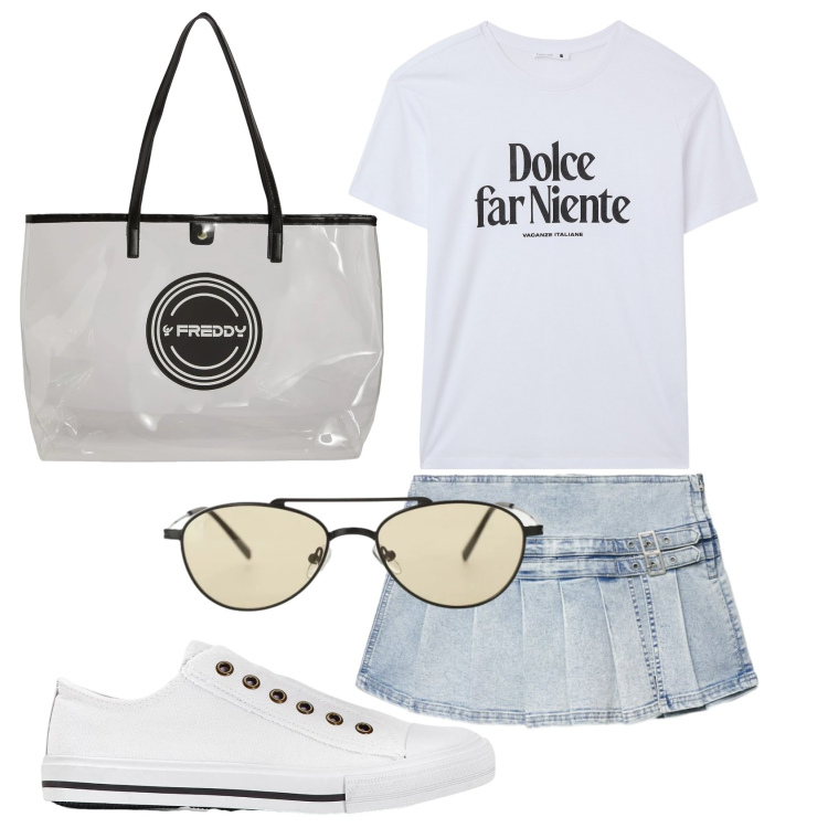 Outfit donna - Total look #2403838. Stile Sporty chic per Scuola/Università. Abbinamento con sneakers, t-shirt, gonne, occhiali da sole, shopping bag.