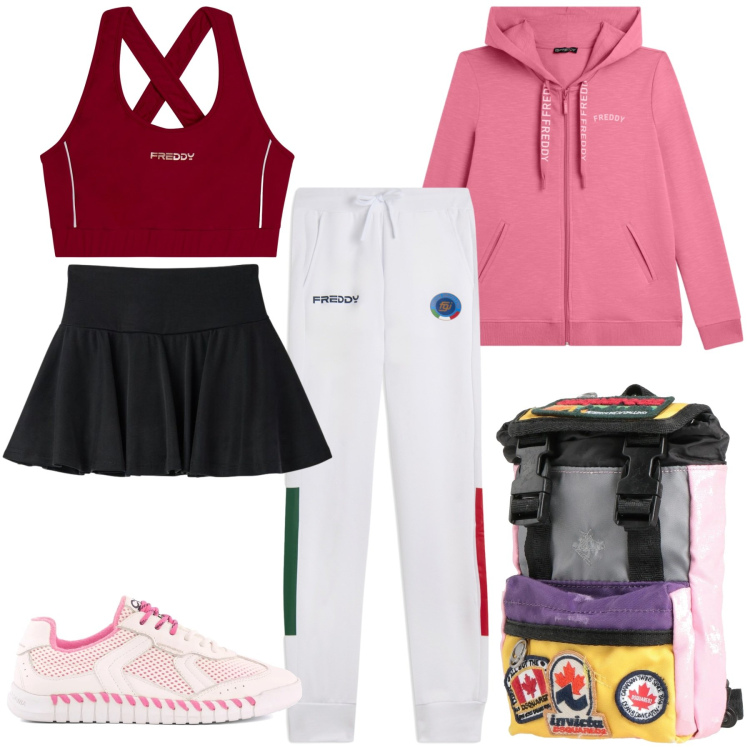 Outfit donna - Padel. Stile Sporty chic per Sport. Abbinamento con zaini, gonne sportive, top sportivi, felpe con cappuccio, pantaloni, sneakers.