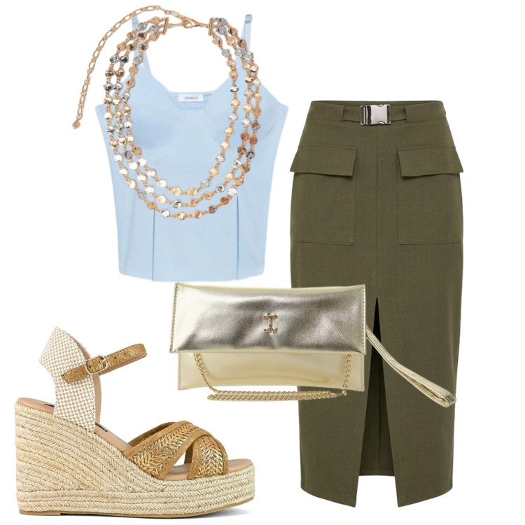 Outfit donna - Total look #2403842. Stile Casual chic per Serata fuori. Abbinamento con gonne longuette, canottiere, borse a tracolla, collane, zeppe.