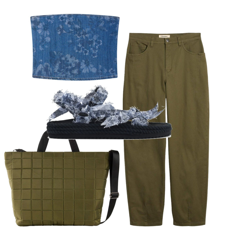 Outfit donna - Total look #2403845. Stile Trendy per Tutti i giorni. Abbinamento con shopping bag, pantaloni, top, sandali.