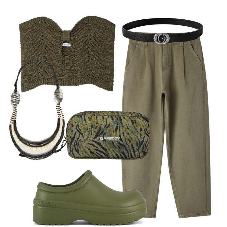 Outfit donna - Total look #2403846. Stile Trendy per Tutti i giorni. Abbinamento con pantaloni, top, cinture, valigie, collane, sandali.