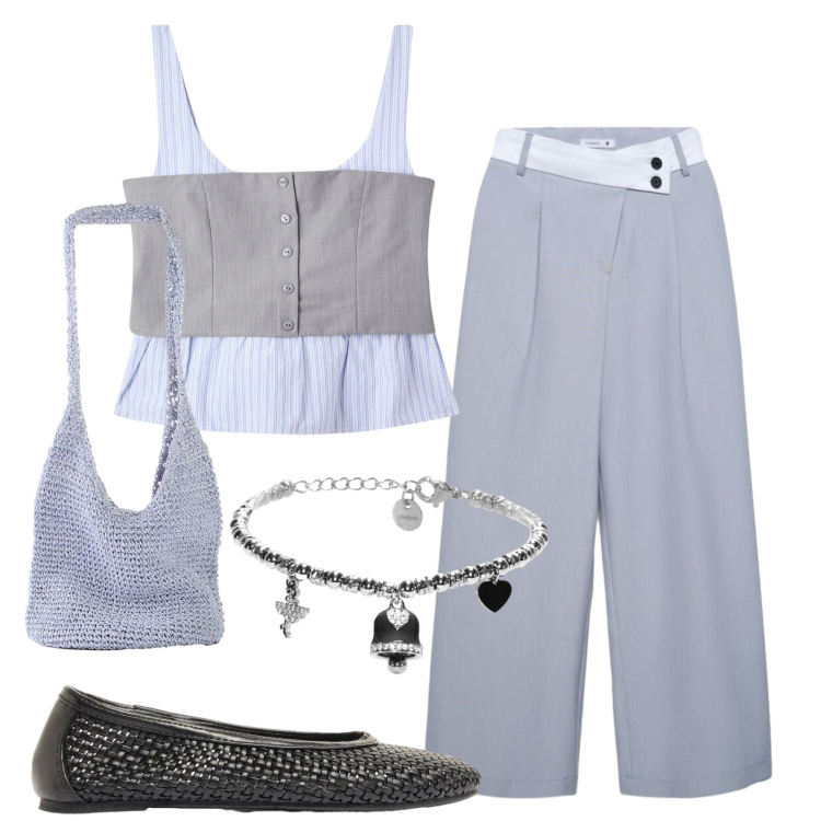 Outfit donna - Total look #2403847. Stile Mannish per Ufficio. Abbinamento con shopping bag, ballerine, top, pantaloni, braccialetti.