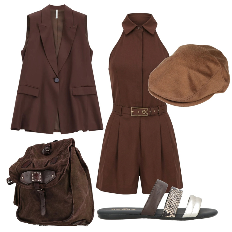Outfit donna - Total look #2403850. Stile Trendy per Tutti i giorni. Abbinamento con cappelli, sandali in pelle, zaini, gilet, tuta corta.