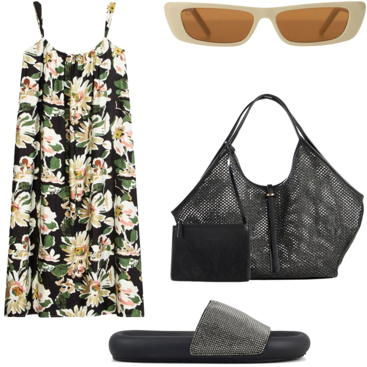 Outfit donna - Fiori al mare. Stile Casual chic per Mare. Abbinamento con shopping bag, vestiti midi/longuette, occhiali da sole, ciabatte.