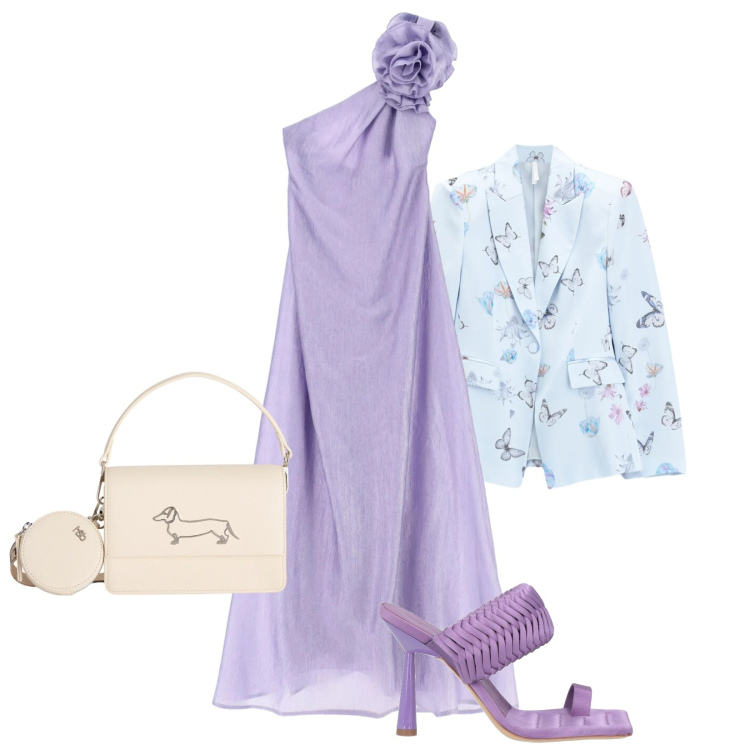 Outfit donna - Total look #2403892. Stile Romantica per Cerimonia. Abbinamento con ciabatte, vestiti lunghi, blazer, borse a tracolla.