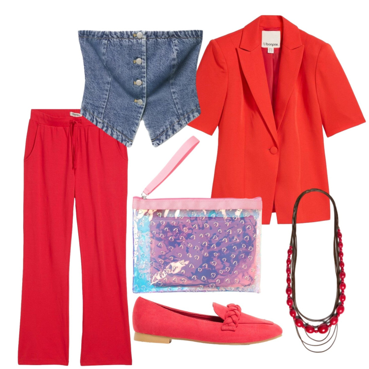 Outfit donna - Maggio. Stile Trendy per Tutti i giorni. Abbinamento con blazer, mocassini, pantaloni, pochette, top, collane.