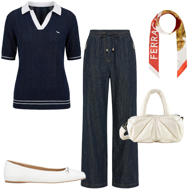 Outfit donna - Look da giornata all\' aperto. Stile Casual chic per Tutti i giorni. Abbinamento con sciarpe, ballerine, pantaloni, polo, borse a mano.