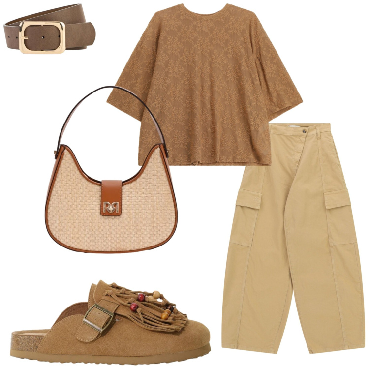 Outfit donna - Look da giornata all\' aperto. Stile Casual chic per Tutti i giorni. Abbinamento con cinture, sabot, bluse, pantaloni cargo, borse a spalla.