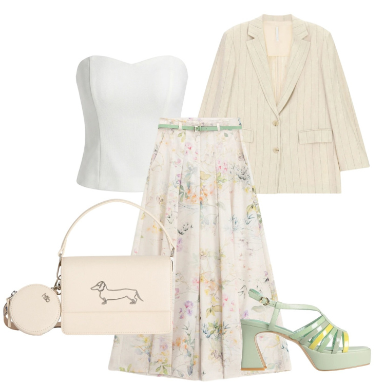 Outfit donna - Total look #2403896. Stile Romantica per Cerimonia. Abbinamento con sandali in pelle, top, pantaloni a palazzo, blazer, borse a tracolla.