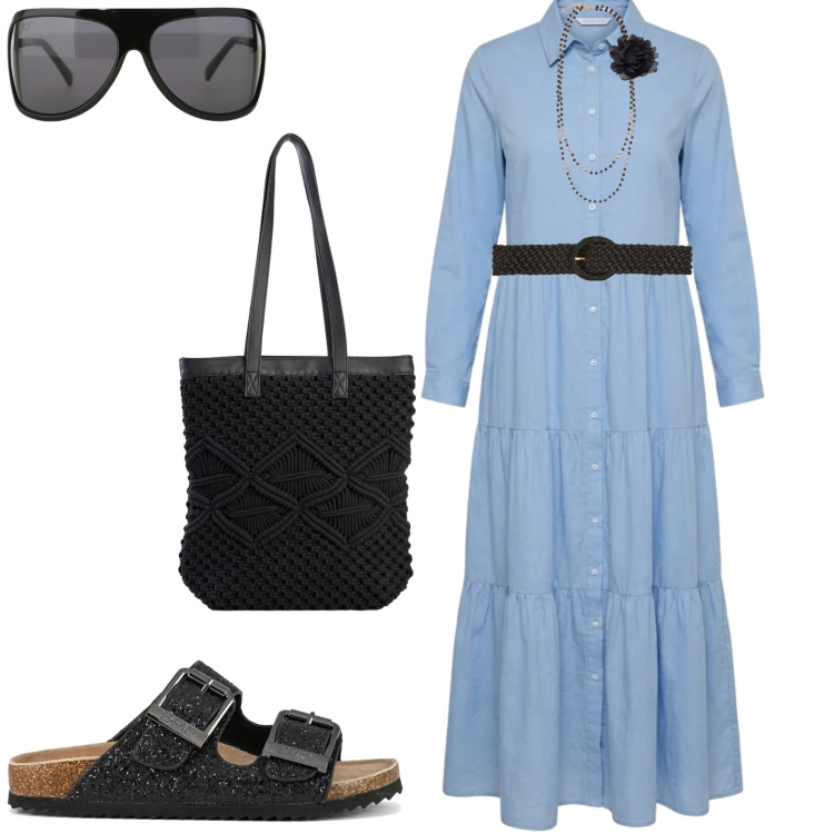 Outfit donna - Look da giornata all\' aperto. Stile Casual chic per Tutti i giorni. Abbinamento con shopping bag, vestiti chemisier, cinture, occhiali da sole, collane, sandali.