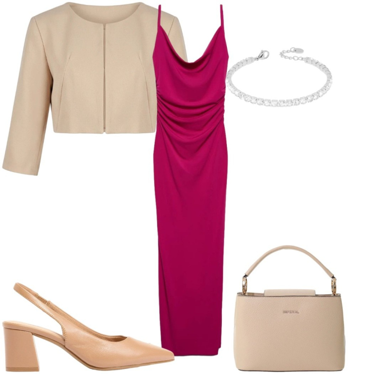 Outfit donna - Abito lungo per la cerimonia : chic. Stile Chic per Cerimonia. Abbinamento con décolleté, vestiti lunghi, bolero, borse a secchiello, braccialetti.