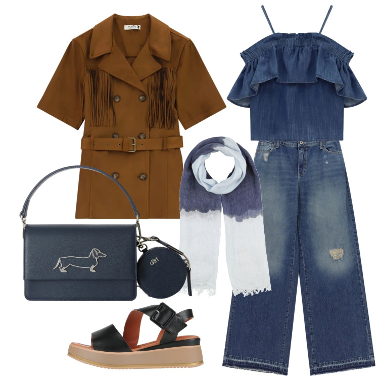 Outfit donna - Maggio. Stile Casual chic per Tutti i giorni. Abbinamento con sandali in pelle, sciarpe, borse a tracolla, jeans dritti, top, giacche.