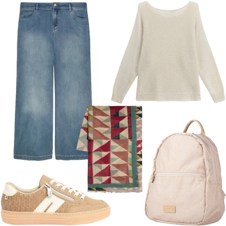 Outfit donna - Beige. Stile Casual per Ufficio. Abbinamento con zaini, sneakers, sciarpe, maglieria, jeans dritti.
