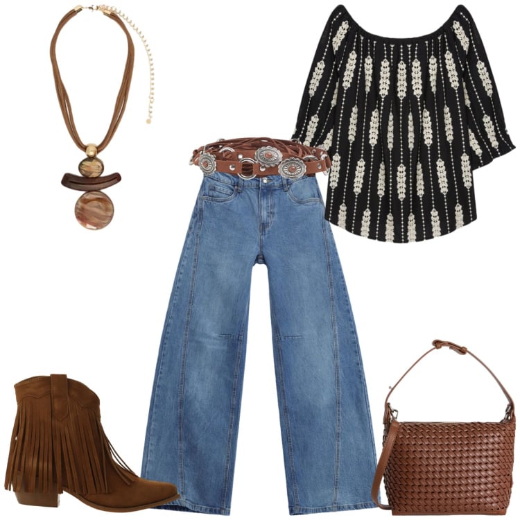 Outfit donna - Total look #2404012. Stile Urban per Tutti i giorni. Abbinamento con cinture, stivaletti texani, borse a spalla, jeans, bluse, ciondoli.