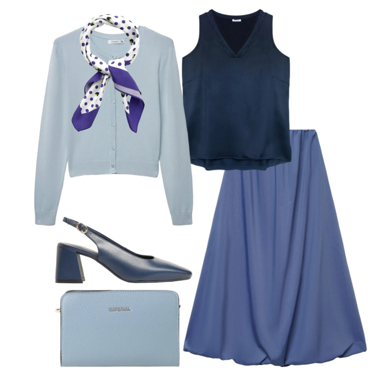 Outfit donna - Total look #2404013. Stile Vintage retrò per Ufficio. Abbinamento con décolleté, gonne lunghe, cardigans, foulard, borse a tracolla, top.