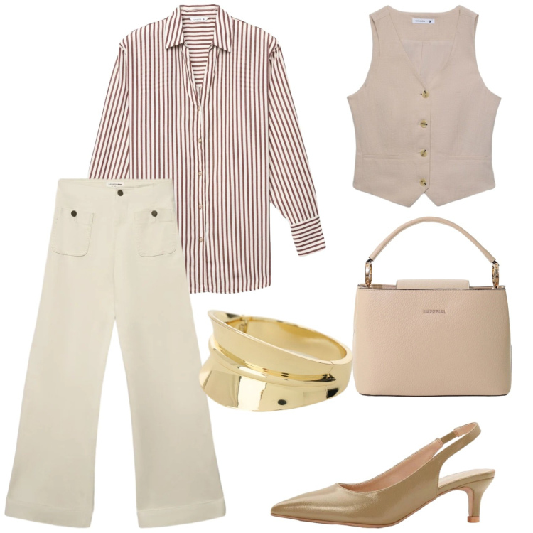 Outfit donna - Total look #2404014. Stile Casual chic per Ufficio. Abbinamento con décolleté, jeans, camicie, gilet, borse a secchiello, braccialetti.