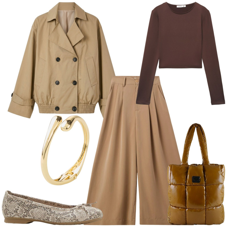 Outfit donna - Total look #2404016. Stile Casual chic per Tutti i giorni. Abbinamento con braccialetti, ballerine, pantaloni, t-shirt, trench, shopping bag.
