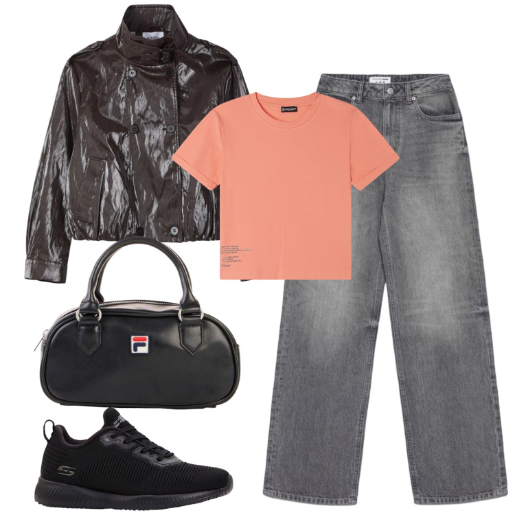 Outfit donna - Total look #2404018. Stile Casual per Tutti i giorni. Abbinamento con sneakers, borse a tracolla, giacche, jeans, t-shirt.