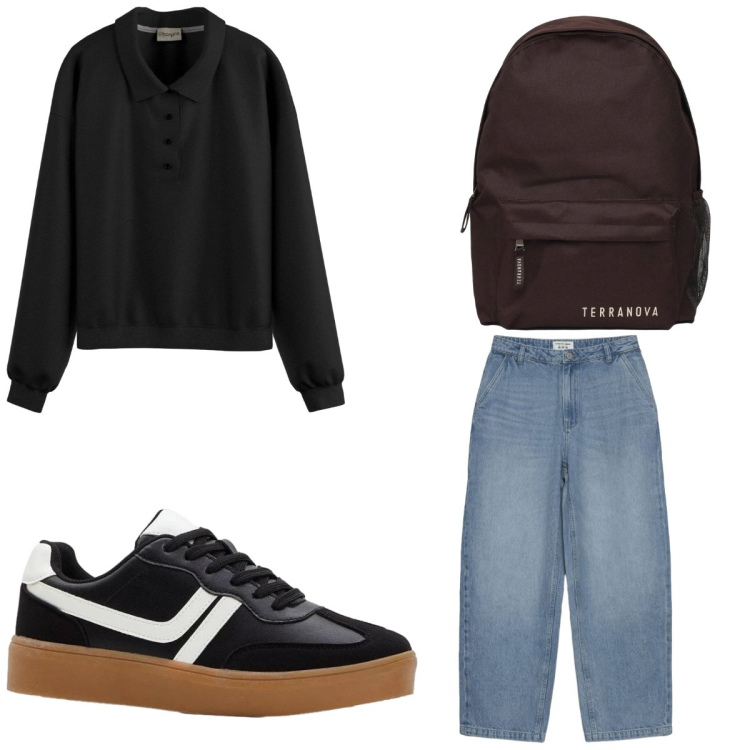 Outfit donna - Black anni 80. Stile Casual per Tutti i giorni. Abbinamento con maglieria, sneakers, zaini, jeans dritti.