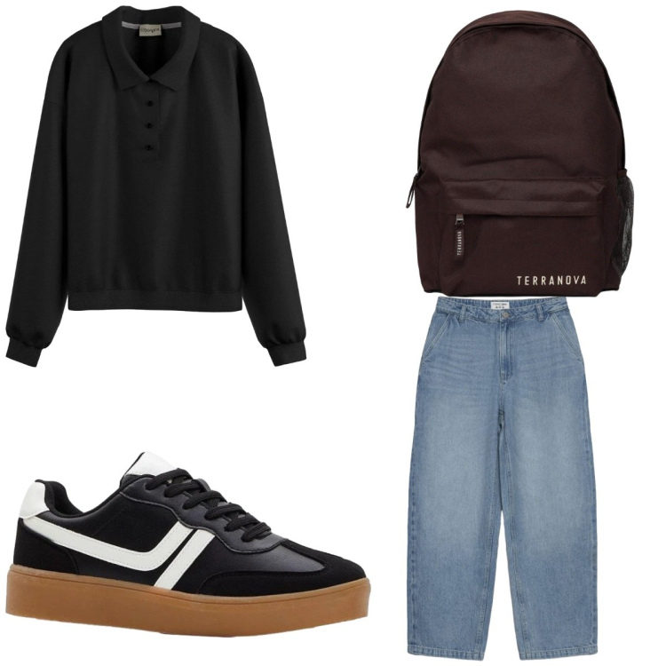 Outfit donna - Black. Stile Casual per Tutti i giorni. Abbinamento con maglieria, sneakers, zaini, jeans dritti.