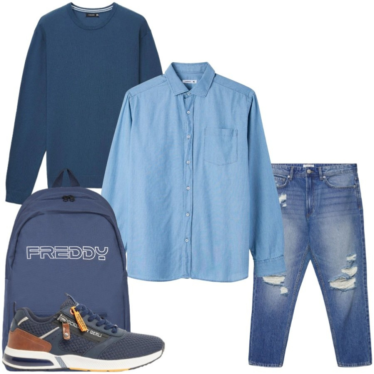 Outfit uomo - Total look #2404031. Stile Urban per Tutti i giorni. Abbinamento con sneakers, maglieria, jeans strappati, camicie, borse sportive.