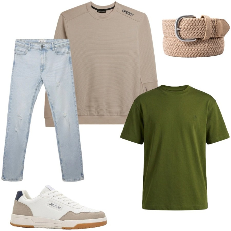 Outfit uomo - Total look #2404033. Stile Urban per Ufficio. Abbinamento con sneakers, jeans strappati, t-shirt, felpe, cinture.