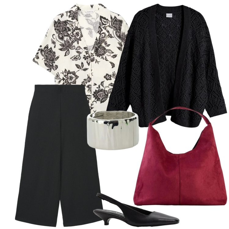 Outfit donna - Pantaloni a palazzo. per Ufficio. Abbinamento con décolleté, borse a spalla, cardigans, camicie a manica corta, pantaloni a palazzo, braccialetti.
