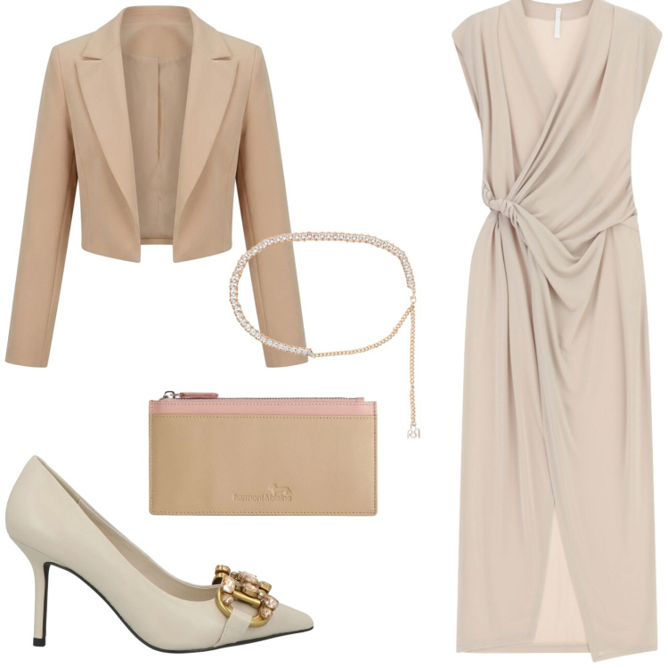 Outfit donna - Abito lungo per la cerimonia. Stile Chic per Cerimonia. Abbinamento con décolleté, portafogli, vestiti lunghi, bolero, cinture.
