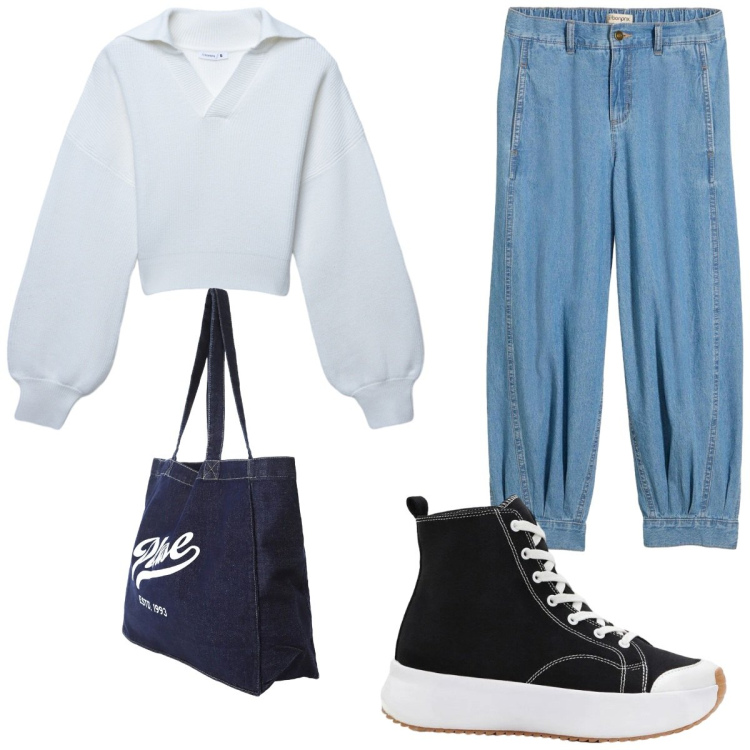 Outfit donna - Jeans protagonista. Stile Basic per Tutti i giorni. Abbinamento con sneakers, jeans, maglieria, shopping bag.