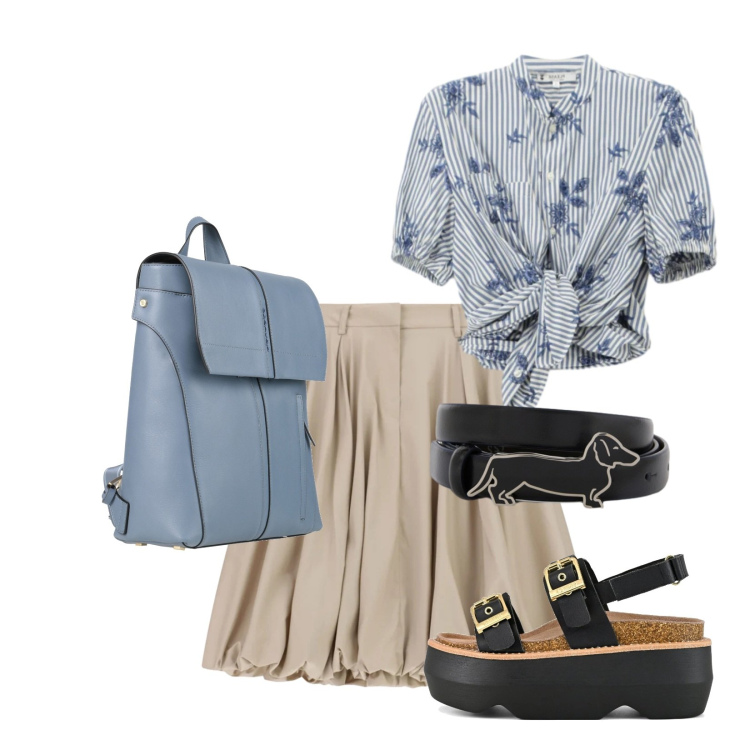Outfit donna - Total look #2404126. Stile Casual per Ufficio. Abbinamento con zaini, cinture, camicie a manica corta, gonne longuette, sandali col tacco.