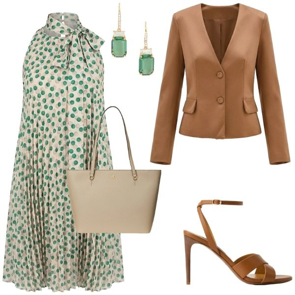 Outfit donna - Total look #2404127. Stile Bon Ton per Cerimonia. Abbinamento con blazer, vestiti corti, borse tote, sandali col tacco, orecchini.