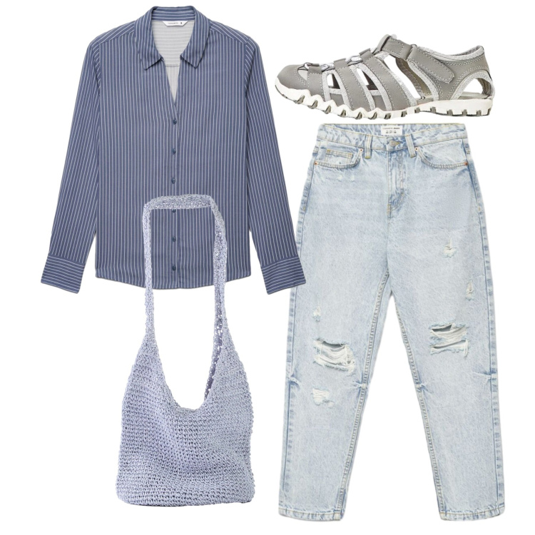 Outfit donna - Basic mood. Stile Basic per Tutti i giorni. Abbinamento con shopping bag, sandali, jeans mom, camicie.
