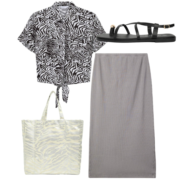 Outfit donna - Un sabato tranquillo. Stile Bon Ton per Tutti i giorni. Abbinamento con camicie a manica corta, gonne longuette, shopping bag, sandali.