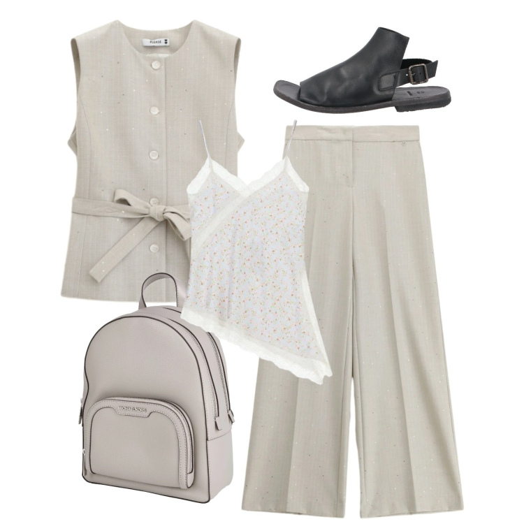 Outfit donna - Completo avorio. Stile Bon Ton per Ufficio. Abbinamento con zaini, sandali in pelle, pantaloni a palazzo, gilet, top.
