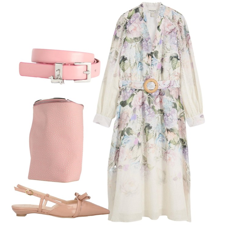 Outfit donna - Total spring. Stile Romantica per Tutti i giorni. Abbinamento con zaini, ballerine, vestiti midi/longuette, cinture.
