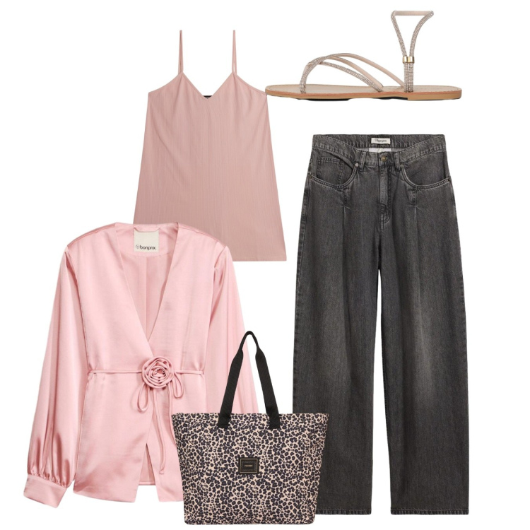 Outfit donna - Top e blazer in raso. Stile Casual chic per Tutti i giorni. Abbinamento con jeans, blazer, sandali, vestiti corti, shopping bag.