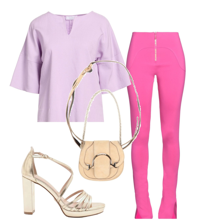 Outfit donna - Pink. Stile Chic per Cerimonia. Abbinamento con marsupi, top, leggings, sandali col tacco.