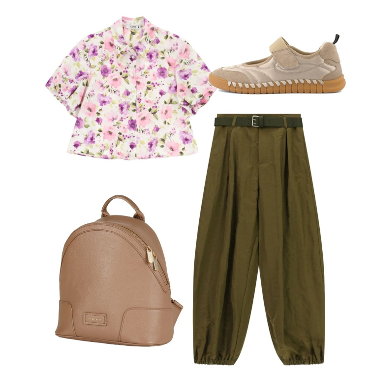 Outfit donna - Total look. Stile Casual per Tutti i giorni. Abbinamento con zaini, pantaloni, camicie a manica corta, ballerine.
