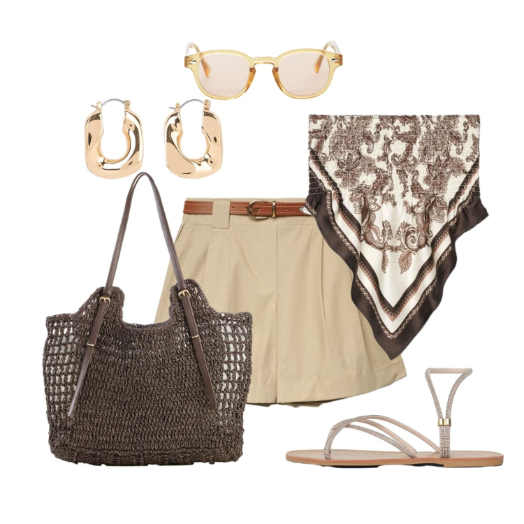 Outfit donna - Total look #2404140. Stile Casual per Tutti i giorni. Abbinamento con shopping bag, orecchini, top, sandali, shorts, occhiali da sole.