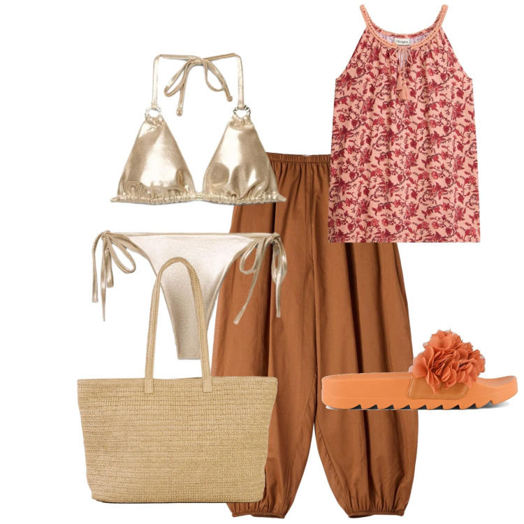 Outfit donna - Total look #2404142. Stile Casual per Mare. Abbinamento con canottiere, shopping bag, pantaloni, bikini, bikini, ciabatte.