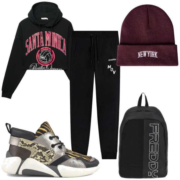 Outfit donna - Stampe che raccontano: hip hop. Stile Urban per Sport. Abbinamento con berretti, felpe con cappuccio, pantaloni, zaini, sneakers alte.