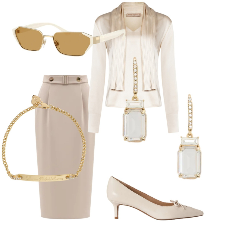 Outfit donna - Cerimonia maggio. Stile Chic per Cerimonia. Abbinamento con gonne longuette, bluse, orecchini, décolleté, braccialetti, occhiali da sole.